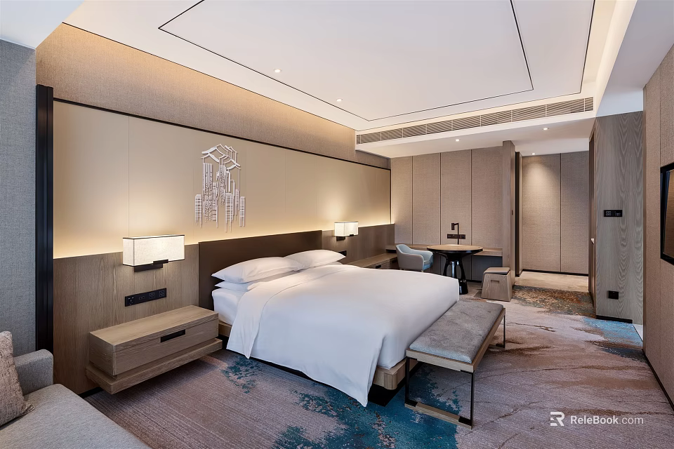 Modern Hotel Guest Room Interior With White Bed Nightstand Lighting And Carpet 3d model 