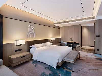 Modern Hotel Guest Room Interior With White Bed Nightstand Lighting And Carpet 3d model