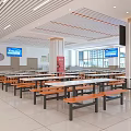 Spacious Clean Dining Hall Interior With Tables Chairs And Food Counters