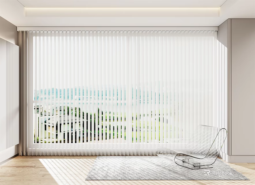 White Modern Window Blinds With Natural Light Transparent Chair And Rug In Bright Room 3d model 