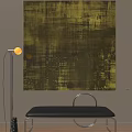 Abstract Olive Green Oil Painting Textured Brushstrokes On Beige Wall With Floor Lamp Black Bench