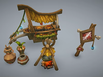 Handmade Street Stall With Straw Roof Clay Pots Small Tent And Wooden Sign 3d model