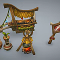 Handmade Street Stall With Straw Roof Clay Pots Small Tent And Wooden Sign