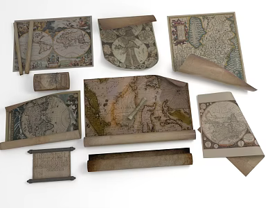 Vintage Scrolls And Antique Maps In Various Old Paper Styles And Shapes 3d model