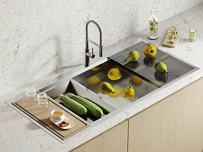 Modern Kitchen Faucet with Stainless Steel Sink Lemons and Cucumbers on Countertop with Cabinets 3d model