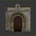 Ancient Stone Building Facade With Arched Wooden Door Decorative Top Carvings And Steps
