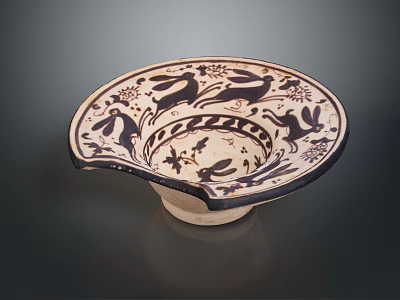 Ceramic Bowl Sculpture Carving With Rabbit And Floral Patterns On Fan Shaped Base 3d model