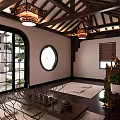 Traditional Chinese Religious Worship Space With Wooden Roof Lantern Chandeliers And Altar Decorations