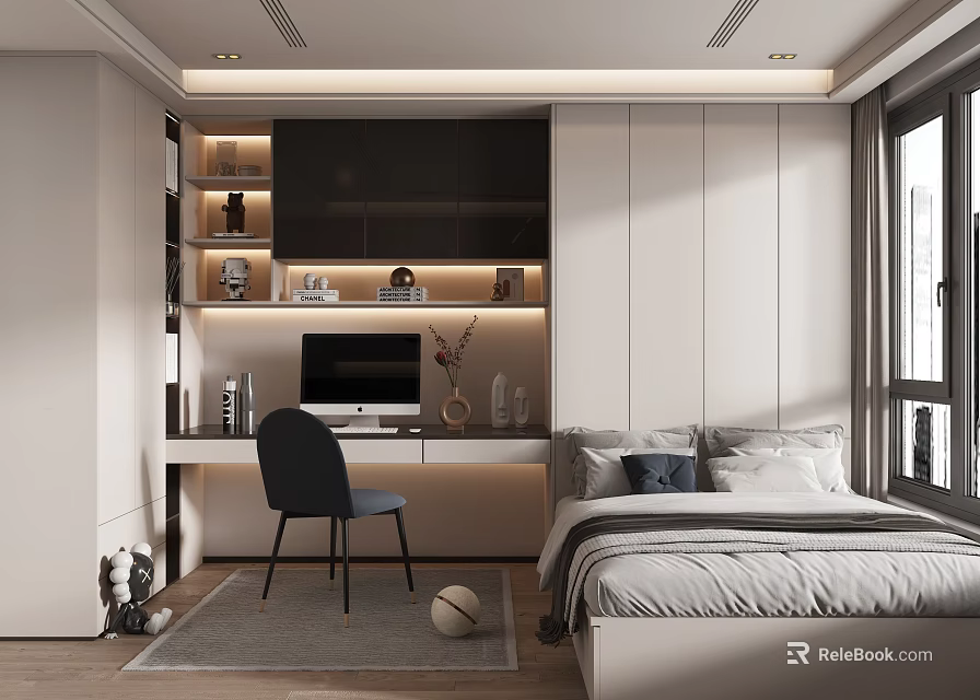 Modern Tatami Bedroom With Desk Chair Computer Storage Cabinets And Ambient Lighting 3d model 