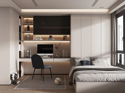 Modern Tatami Bedroom With Desk Chair Computer Storage Cabinets And Ambient Lighting 3d model