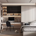 Modern Tatami Bedroom With Desk Chair Computer Storage Cabinets And Ambient Lighting