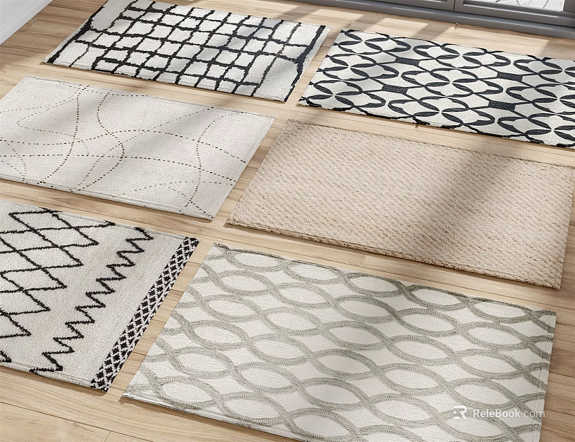 Square Rugs with Geometric Wave and Striped Patterns on Wooden Floor for Home Decor 3d model 