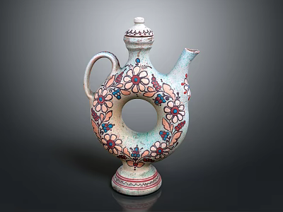 Traditional Decorative Ceramic Wine Bottle With Floral Patterns And Circular Ring Design 3d model