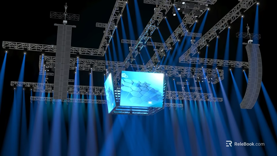 Stage Lighting Setup With Truss Structure Blue Lights And Hanging Screens 3d model 