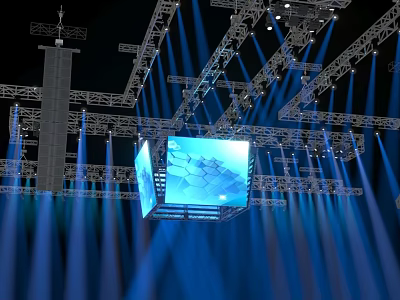 Stage Lighting Setup With Truss Structure Blue Lights And Hanging Screens 3d model