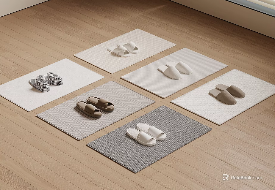 White Gray Brown Slippers On Different Mats Over Wooden Floor 3d model 