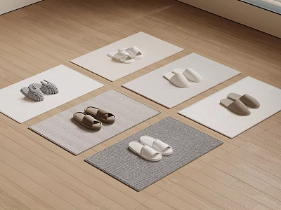 White Gray Brown Slippers On Different Mats Over Wooden Floor 3d model White Gray Brown Slippers On Different Mats Over Wooden Floor 3d model