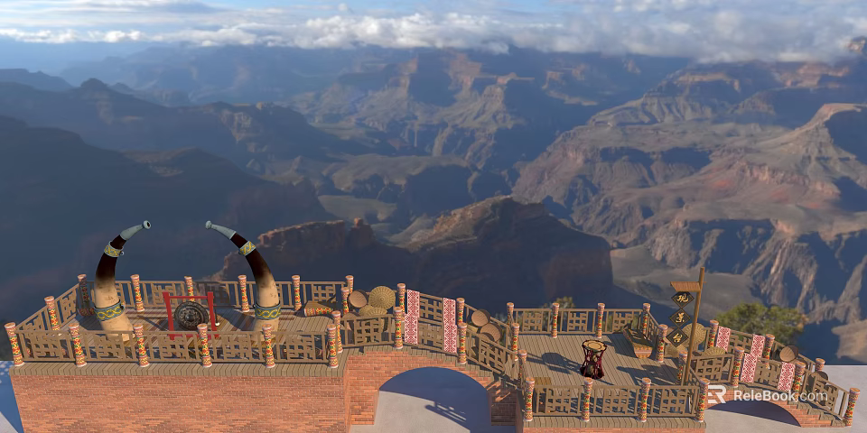 Scenic Canyon Observation Deck Road Facilities With Ornamental Railings And Walkway Structure 3d model 