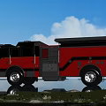 Red Fire Truck Number 402 Against Blue Sky White Clouds Grass Stones And Water Reflection