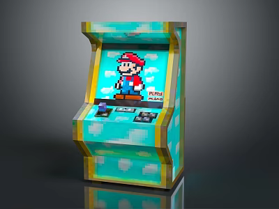 Retro Arcade Entertainment Machine With Pixel Art Mario Character And Turquoise Gold Trim 3d model