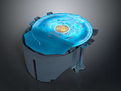 Futuristic Sci Fi Landscape With Blue Transparent Circular Device And Golden Pattern 3d model