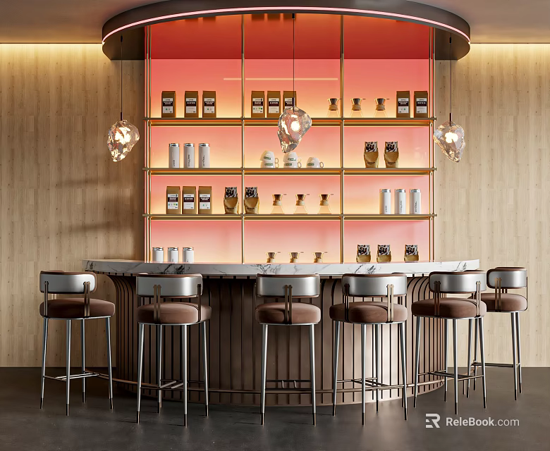 Modern Bar With Curved Red Backdrop Wooden Walls Stools And Hanging Pendant Lights 3d model 