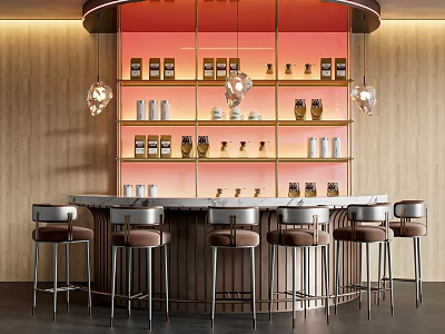 Modern Bar With Curved Red Backdrop Wooden Walls Stools And Hanging Pendant Lights 3d model