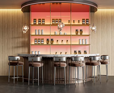 Modern Bar With Curved Red Backdrop Wooden Walls Stools And Hanging Pendant Lights 3d model