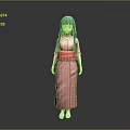 Anime Style Female Character 3D Model Featuring Blue Hair Pink Kimono Red Belt Design
