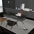 Modern Black Glass Top Desk With Two Chairs Dark Bookshelves And City View