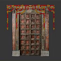 Traditional Wooden Entrance Gate Adorned With Colorful Flower Garlands And Intricate Carvings