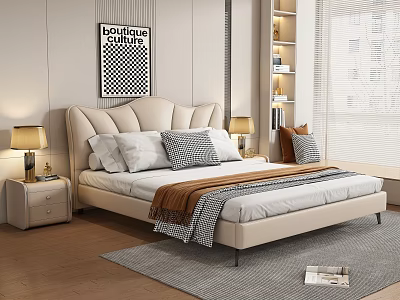 Modern Bedroom With Upholstered Bed Pillows Throw Blanket Nightstands Lamps And Decorative Wall Art 3d model