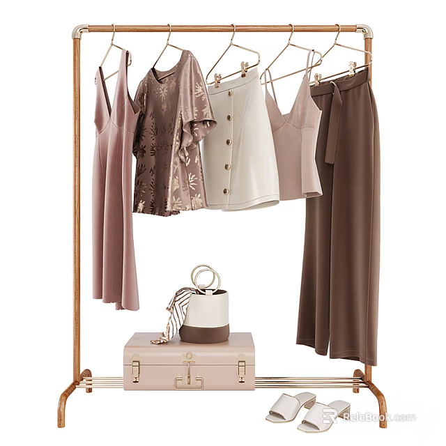 Modern Metal Garment Rack With Stylish Hanging Clothes Dresses Tops Pants Handbag And Suitcase 3d model 