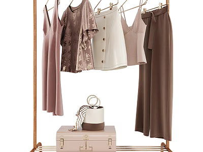 Modern Metal Garment Rack With Stylish Hanging Clothes Dresses Tops Pants Handbag And Suitcase 3d model