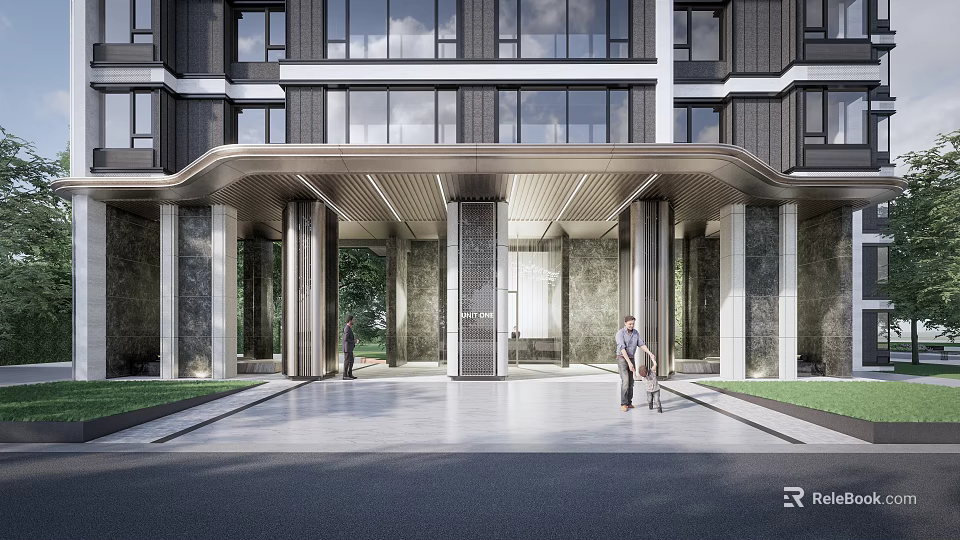 Modern Residential Building Exterior With Glass Windows Stone Facade And Pedestrians At Entrance 3d model 