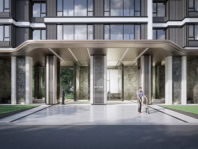 Modern Residential Building Exterior With Glass Windows Stone Facade And Pedestrians At Entrance 3d model