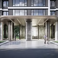 Modern Residential Building Exterior With Glass Windows Stone Facade And Pedestrians At Entrance