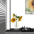 Glass Vase With Sunflowers Near Window Blinds With Sunlight Shadows And Chessboard
