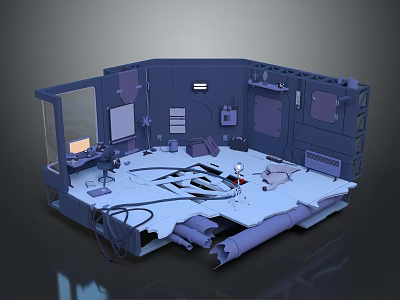 Sci Fi Damaged Control Room With Hanging Wires And Broken Equipment 3d model