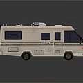 White RV With Blue Windows Roof Vents Red Marker Lights And WI Logo
