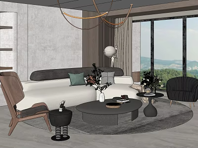 Modern Living Room Sofa Coffee Table Set With Decorative Plants Round Rug And Large Windows 3d model