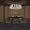 Modern Restaurant Interior With Round Dining Table Yellow Chairs Crystal Chandelier And Wooden Walls