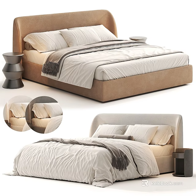Modern Double Bed With Upholstered Headboard Linen Bedding And Bedside Table 3d model 