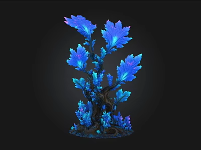 Blue Glowing Plant With Vibrant Leafy Branches And Dark Stems On Black Background 3d model