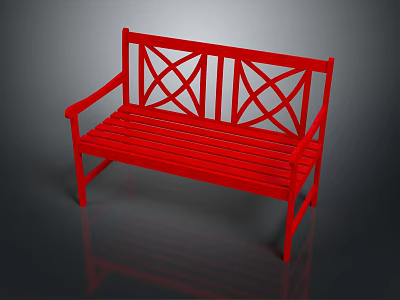 Red Wooden Outdoor Bench With Cross Pattern Backrest And Sturdy Armrests For Garden 3d model