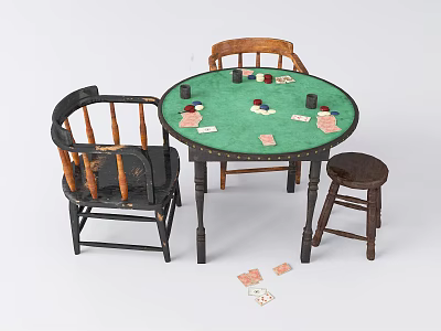 Green Round Entertainment Table with Playing Cards Chips Chairs and Stool 3d model