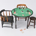 Green Round Entertainment Table with Playing Cards Chips Chairs and Stool 3d model