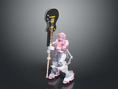 Pink Robot Figure Holding Large Black Guitar With Detailed Mechanical Design Features 3d model