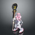 Pink Robot Figure Holding Large Black Guitar With Detailed Mechanical Design Features