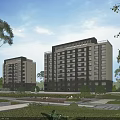 Modern Residential Buildings With Greenery Trees And Plaza Walkway Under Blue Sky And White Clouds